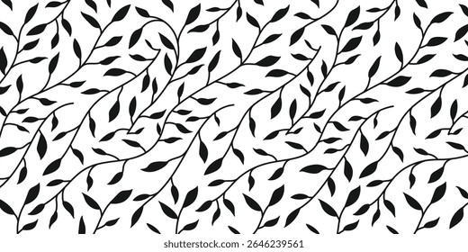 Seamless black leaf pattern on white background. Botanical foliage vector for fabric, wallpaper, packaging, modern decor, textile prints, and nature-inspired design projects.