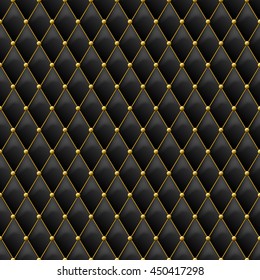 Seamless black leather texture with gold metal details. Vector leather background with golden buttons. Luxury textile design, interior and furniture decoration concept.