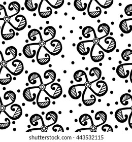 Seamless black line abstract flower with black circle on white background