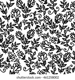 Seamless with black line abstract flower on the white background