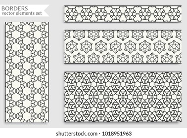 Seamless black line borders set with geometric repeating texture. Isolated design elements for page decoration, headline, banners, wedding invitation cards. Fashion lace collection