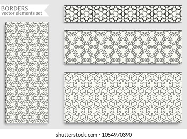 Seamless black line borders set with geometric repeating texture. Isolated design elements for page decoration, headline, banners, wedding invitation cards. Fashion lace collection