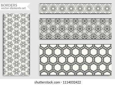 Seamless black line borders set with geometric repeating texture. Isolated design elements for page decoration, headline, banners, wedding invitation cards. Fashion lace collection