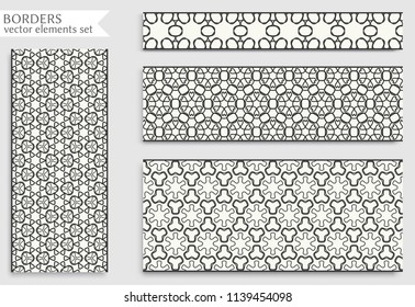 Seamless black line borders set with geometric repeating texture. Isolated design elements for page decoration, headline, banners, wedding invitation cards. Fashion lace collection