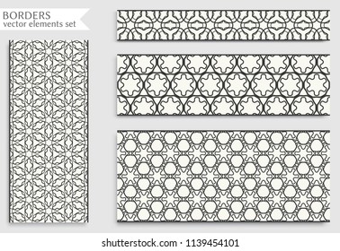 Seamless black line borders set with geometric repeating texture. Isolated design elements for page decoration, headline, banners, wedding invitation cards. Fashion lace collection