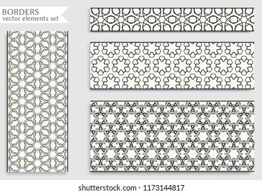 Seamless black line borders set with geometric repeating texture. Isolated design elements for page decoration, headline, banners, wedding invitation cards. Fashion lace collection