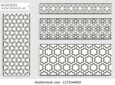 Seamless black line borders set with geometric repeating texture. Isolated design elements for page decoration, headline, banners, wedding invitation cards. Fashion lace collection