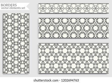 Seamless black line borders set with geometric repeating texture. Isolated design elements for page decoration, headline, banners, wedding invitation cards. Fashion lace collection