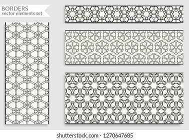 Seamless black line borders set with geometric repeating texture. Isolated design elements for page decoration, headline, banners, wedding invitation cards. Fashion lace collection
