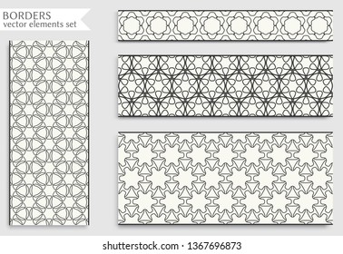 Seamless black line borders set with geometric repeating texture. Isolated design elements for page decoration, headline, banners, wedding invitation cards. Fashion lace collection
