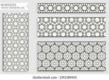 Seamless black line borders set with geometric repeating texture. Isolated design elements for page decoration, headline, banners, wedding invitation cards. Fashion lace collection