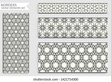 Seamless black line borders set with geometric repeating texture. Isolated design elements for page decoration, headline, banners, wedding invitation cards. Fashion lace collection