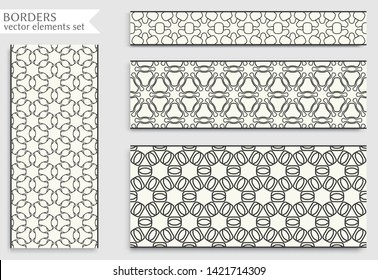 Seamless black line borders set with geometric repeating texture. Isolated design elements for page decoration, headline, banners, wedding invitation cards. Fashion lace collection