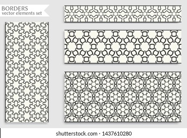 Seamless black line borders set with geometric repeating texture. Isolated design elements for page decoration, headline, banners, wedding invitation cards. Fashion lace collection