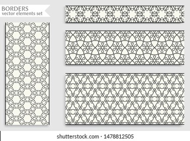 Seamless black line borders set with geometric repeating texture. Isolated design elements for page decoration, headline, banners, wedding invitation cards. Fashion lace collection