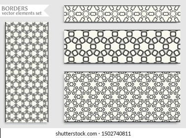 Seamless black line borders set with geometric repeating texture. Isolated design elements for page decoration, headline, banners, wedding invitation cards. Fashion lace collection