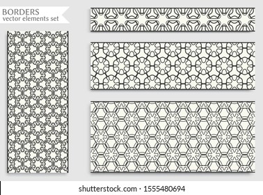 Seamless black line borders set with geometric repeating texture. Isolated design elements for page decoration, headline, banners, wedding invitation cards. Fashion lace collection