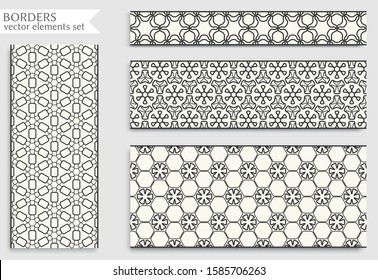 Seamless black line borders set with geometric repeating texture. Isolated design elements for page decoration, headline, banners, wedding invitation cards. Fashion lace collection