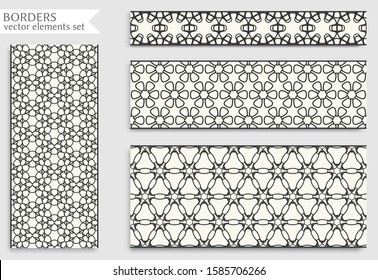 Seamless black line borders set with geometric repeating texture. Isolated design elements for page decoration, headline, banners, wedding invitation cards. Fashion lace collection