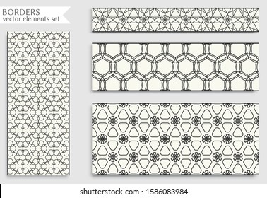 Seamless black line borders set with geometric repeating texture. Isolated design elements for page decoration, headline, banners, wedding invitation cards. Fashion lace collection