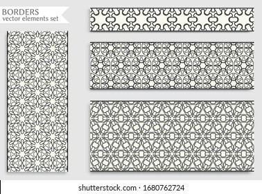 Nahtlose schwarze Liniengrenzen mit geometrischer, sich wiederholender Textur. Einzige Design-Elemente für Seitendekoration, Schlagzeile, Banner, Hochzeitseinladungskarten. Kollektion von Modemagneten