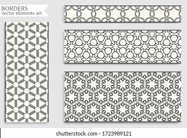 Seamless black line borders set with geometric repeating texture. Isolated design elements for page decoration, headline, banners, wedding invitation cards. Fashion lace collection
