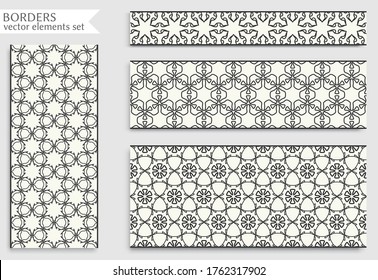 Seamless black line borders set with geometric repeating texture. Isolated design elements for page decoration, headline, banners, wedding invitation cards. Fashion lace collection