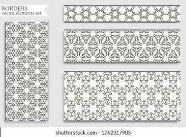 Seamless black line borders set with geometric repeating texture. Isolated design elements for page decoration, headline, banners, wedding invitation cards. Fashion lace collection