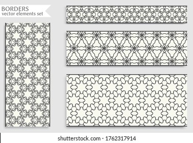 Bordes de líneas negras impecables con textura repetitiva geométrica. Elementos de diseño aislados para la decoración de páginas, titular, banners, tarjetas de invitación para bodas. Colección de encajes de moda