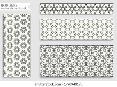 Bordes de líneas negras impecables con textura repetitiva geométrica. Elementos de diseño aislados para la decoración de páginas, titular, banners, tarjetas de invitación para bodas. Colección de encajes de moda