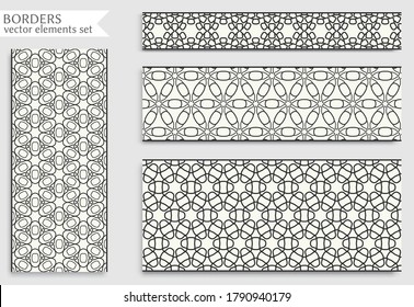 Seamless black line borders set with geometric repeating texture. Isolated design elements for page decoration, headline, banners, wedding invitation cards. Fashion lace collection
