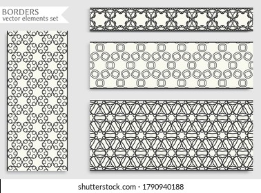Bordes de líneas negras impecables con textura repetitiva geométrica. Elementos de diseño aislados para la decoración de páginas, titular, banners, tarjetas de invitación para bodas. Colección de encajes de moda