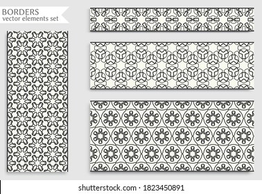 Bordes de líneas negras impecables con textura repetitiva geométrica. Elementos de diseño aislados para la decoración de páginas, titular, banners, tarjetas de invitación para bodas. Colección de encajes de moda