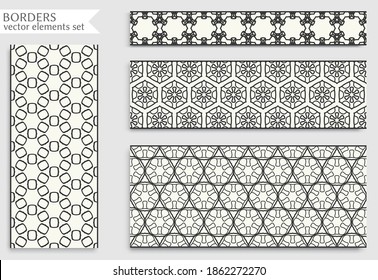 Seamless black line borders set with geometric repeating texture. Isolated design elements for page decoration, headline, banners, wedding invitation cards. Fashion lace collection