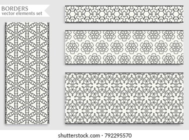 Seamless black line borders set with geometric repeating texture. Isolated design elements for page decoration, headline, banners, wedding invitation cards. Fashion lace collection