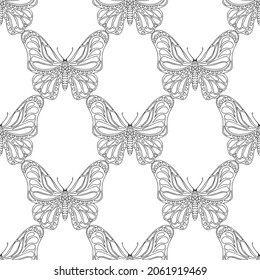 Seamless with black line butterfly on the white background. Vector pattern for banner, card, invitation, textile, fabric, wrapping paper.