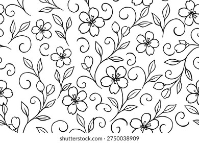 Seamless black line floral pattern with delicate flowers, leaves, and swirling vines on a light background. Elegant botanical design perfect for wallpaper, fabric, wrapping paper, and prints.
