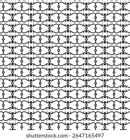 Seamless black line pattern with abstract symmetrical fish and thorn-like shapes, perfect for textiles, backgrounds, or wallpapers.