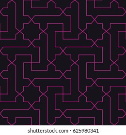 Seamless black and magenta pink classical arabic diagonal cross and star pattern vector