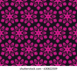 Seamless black and magenta pink hexagonal floral circular geometric pattern vector