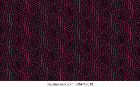 Seamless black and magenta pink isometric vintage revolving polygons outline pattern vector