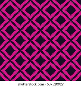 Seamless black and magenta pink pixel digital op art ethnis rhombic pattern vector