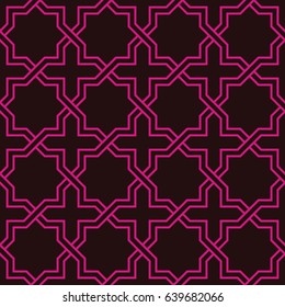 Seamless black and magenta pink vintage octagonal star and cross tesselation overlaying outline pattern vector