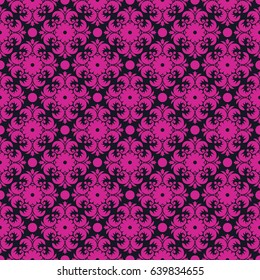 Seamless black and magenta pink vintage ornate floral textile pattern vector