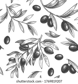 Seamless black olive pattern. Greek olives on branches with leaves, hand drawn sketch vector illustration. Greek olive twig, floral decoration fresh