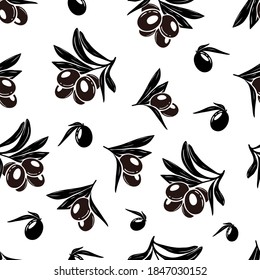Seamless black olive pattern. Greek olives on branches with leaves, hand drawn sketch vector illustration. Greek olive twig, floral decoration fresh pattern.