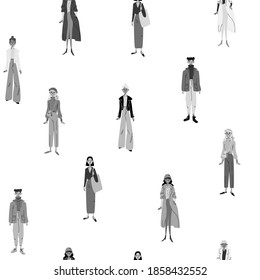 Seamless black on white background with young women. Female figures group of various girls in casual fashion clothes isolated. Tile vector stock illustration in cartoon style.
