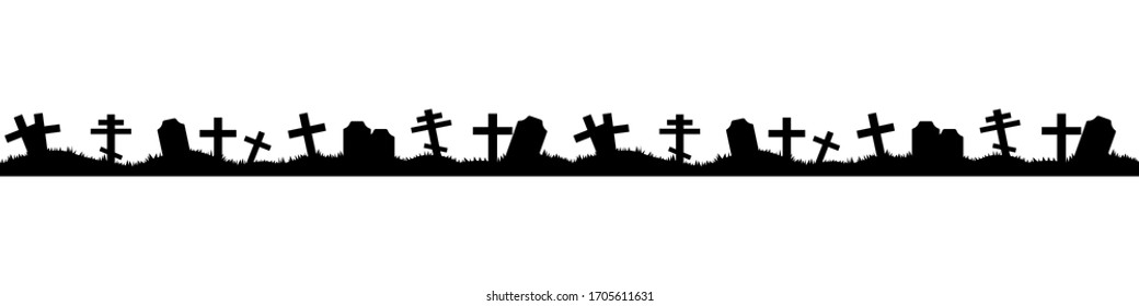 Seamless black on white pattern. Endless silhouette of the cemetery.
Burial place, graves, hills and crosses. Halloween.
Simple vector illustration.