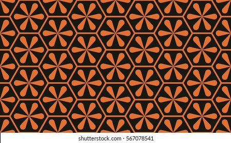 Seamless black and orange asian hexagonal floral pattern vector