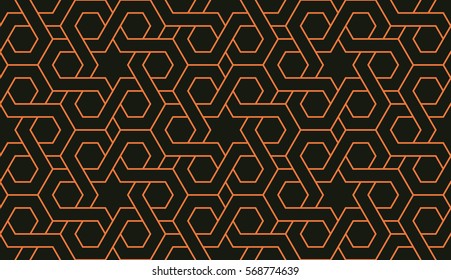 Seamless black and orange hexagonal arabic muslim pattern vector